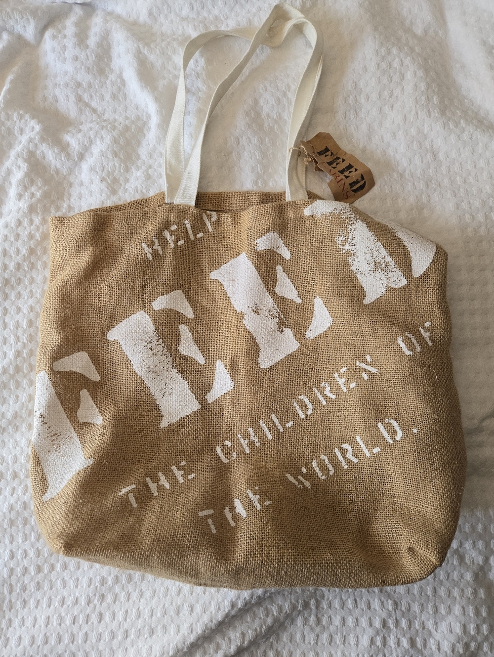 Burlap Tote Bag with White Stencil Text (Feed The Children) With Tags